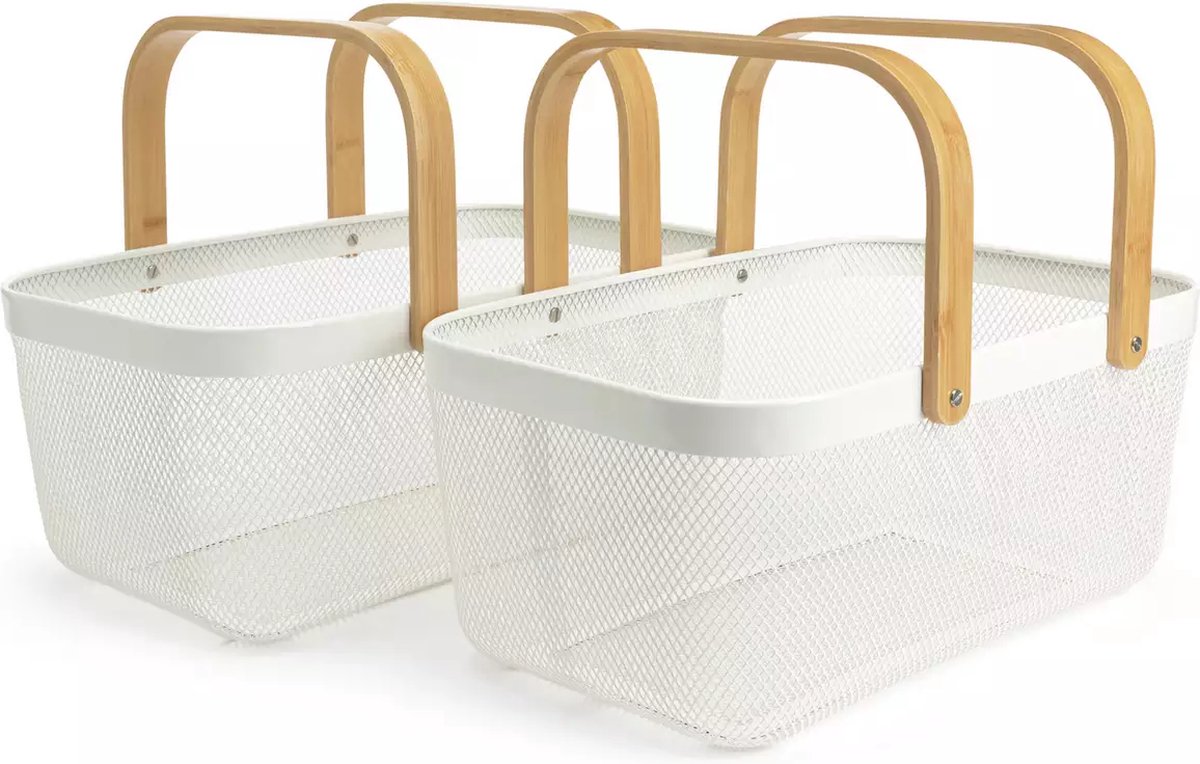 Habitat kleine verpakking van 2 messing opbergmanden houten handvat WIT