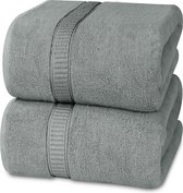 Set van 2 grote katoenen badhanddoeken met hanger, saunahanddoeken, badhanddoeken groot, handdoeken 90 x 180 cm (zilver)