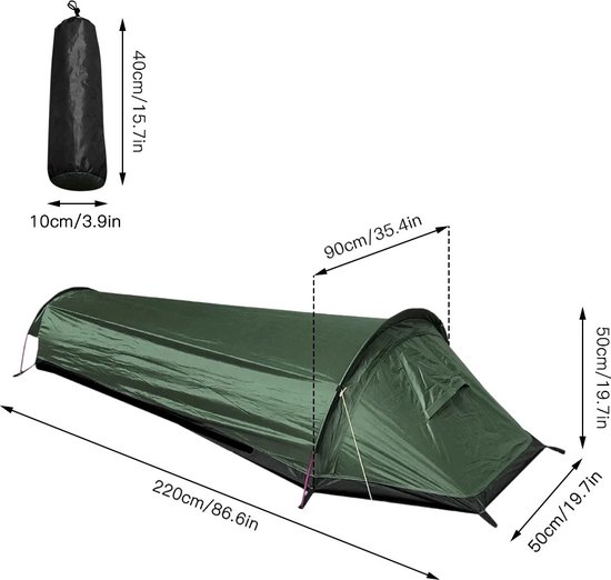 NewWave® - Eenpersoons Tent 220x90cm - Survival Tent Army Green - Inclusief Draagtas - Groene Ultralichte & Compacte Outdoor Tent Voor 1 Persoon - Camping - Waterbestendig Oxford Doek - NewWave®