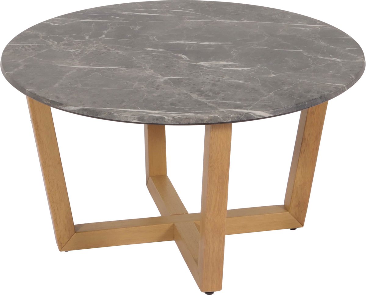 MCW Salontafel MCW-M61, bijzettafel sofatafel, massief hout HDF laminaat melamine Ø80cm, marmer/steen look, licht gekleurd frame Grijs