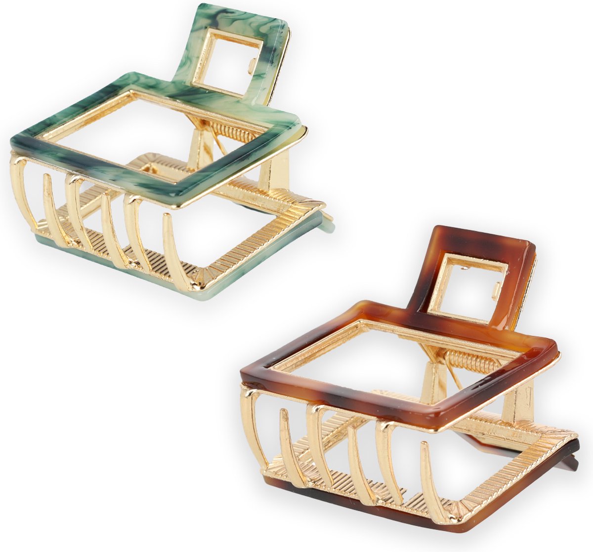 Lajetti - 2 Stuks Metalen Haarklemmen Klein Goud met Groen Bruin - Dames Hairclip