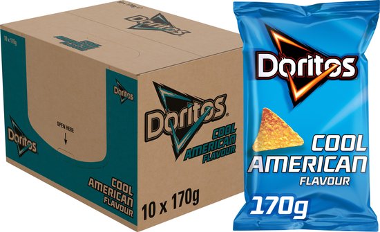 Blauwe Doritos Cool American 170g zak en een kartonnen doos.
