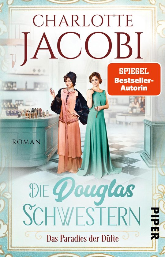 Boek met Charlotte Jacobi's 'Die Douglas Schwestern'. Twee vrouwen in jaren 20 kleding, in een parfumerie.