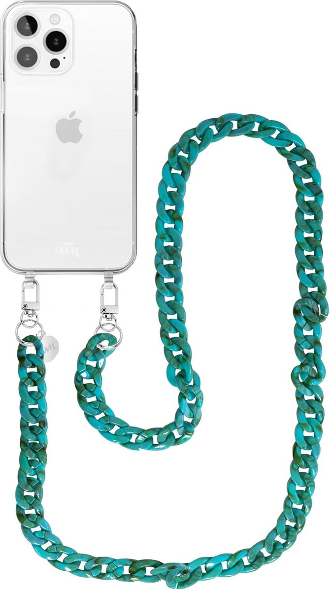 xoxo Wildhearts siliconen hoesje - Geschikt voor iPhone 12 Pro Max - Blue Ocean - Telefoonhoesje - Hoesje met koord - Blauw koord - lang telefoonkoord - Transparant hoesje (lange variant)