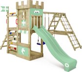 WICKEY speeltoestel ridderkasteel DragonFlyer met schommel & pastelgroene glijbaan, outdoor kinderklimtoren met zandbak, ladder & speelaccessoires voor de tuin