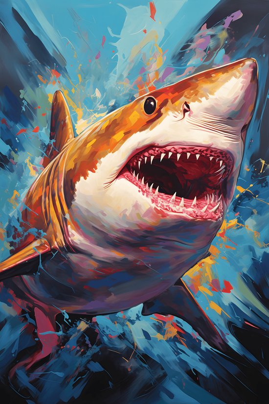 Witte Haai Poster | Haaienposter | Dierenposter | Shark Poster | Wanddecoratie | 51x71cm | B2 Poster | Muurposter | MT | Geschikt om in te lijsten