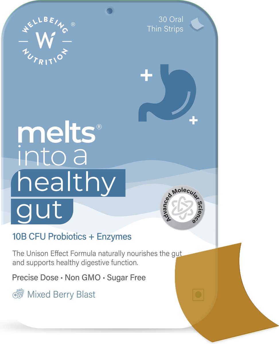 Goedkoopste Probiotica - Gezonde Darm - Smeltblaadjes (geen capsule & geen water) - Vitaminen en Mineralen Supplement - Snel oplossende orale vegan strips - 30 strips - Bessen smaak - Wellbeing2day MELTS