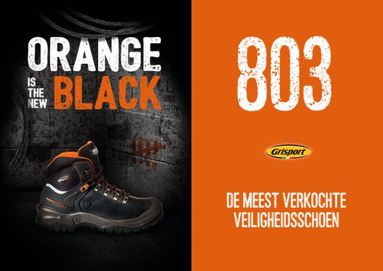 Rechts de tekst '803' en 'De meest verkochte veiligheidsschoen'. Links de Grisport 903 schoen.