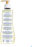 Mustela reinigingsolie fles met etiket in het Nederlands, Engels, Frans, Spaans en Italiaans.
