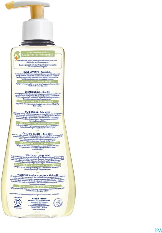 Mustela reinigingsolie fles met etiket in het Nederlands, Engels, Frans, Spaans en Italiaans.