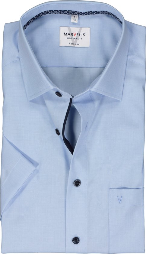 MARVELIS modern fit overhemd - korte mouw - structuur - lichtblauw - Strijkvrij - Boordmaat: