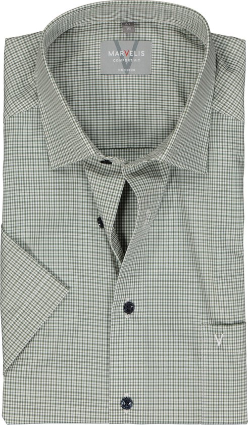 MARVELIS comfort fit overhemd - korte mouw - popeline - olijfgroen met wit geruit - Strijkvrij - Boordmaat: 42