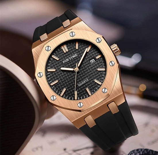 Pintime - Mannen Horloge - Zilver - Hexagonal - Royal - 44mm - Cadeau voor Hem - Oak - Pintime