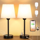 Nachtlampje, touch-dimbaar, set van 2, tafellamp met oplaadfunctie, USB A+C-aansluitingen, stopcontacten, 2 led-lampen, linnen lampenkap, kleine lamp voor slaapkamer, woonkamer, babykamer, [Energieklasse F]