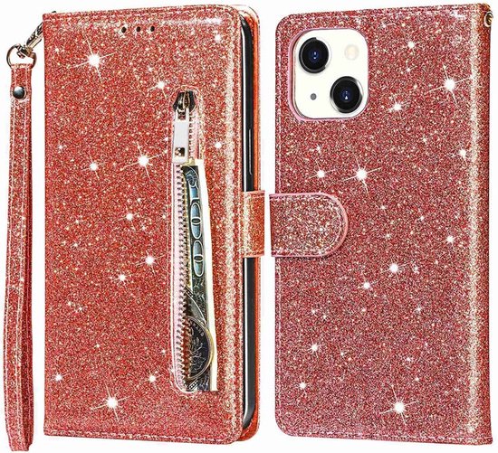 Étui portefeuille - Étui portefeuille - Fermeture éclair à Glitter scintillantes - Étui de téléphone avec Kord Convient pour : Apple iPhone 14 - Or rose