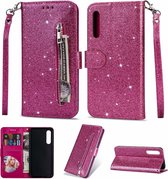 Portemonnee Hoesje - Wallet Case - Rits Sparkly Glitter - Telefoonhoes met Kord Geschikt voor: Samsung Galaxy A01 - Roze