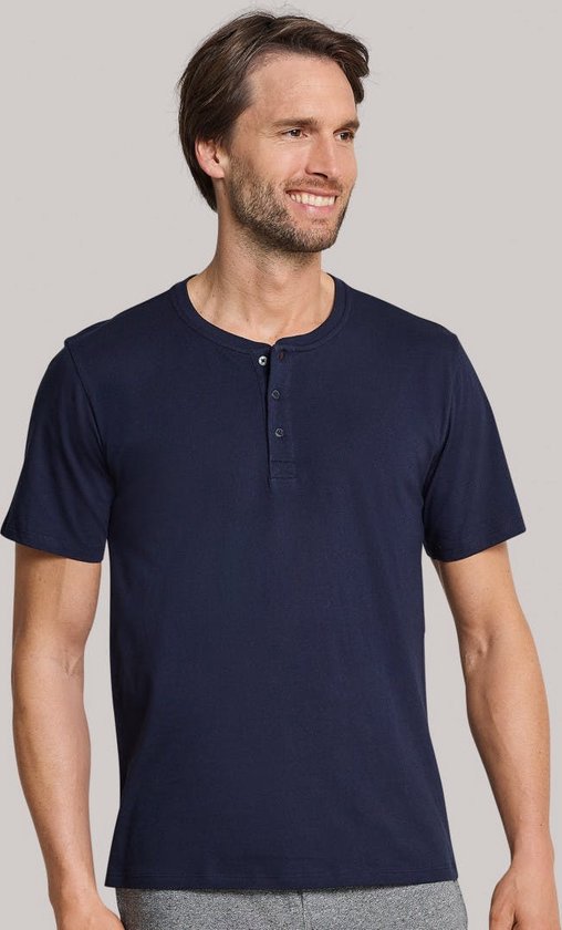 SCHIESSER Mix+Relax T-shirt - korte mouw - O-hals met knoopsluiting - blauw - Maat: 5XL