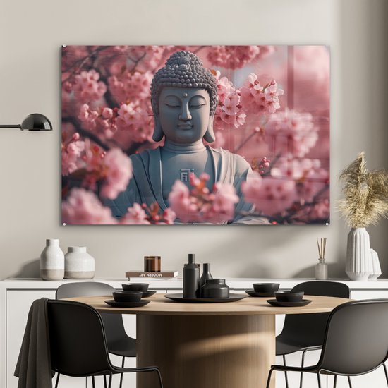 MuchoWow® Peinture sur verre 120x80 cm - Peinture sur verre - Bouddha - Image - Sakura - Bouddha - Fleur de cerisier - Photo sur verre acrylique - Décoration murale salon - Décoration murale chambre - Peintures