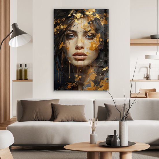 MuchoWow® Peinture sur verre 80x120 cm - Peinture sur verre - Femme - Portrait - Abstrait - Art - Or - Photo sur verre acrylique - Décoration murale murale salon - Décoration murale chambre - Peintures