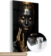 MuchoWow® Glasschilderij 120x180 cm - Schilderij acrylglas - Vrouw - Abstract - Zwart - Goud - Portret - Foto op glas - Muurdecoratie woonkamer - Wanddecoratie slaapkamer - Schilderijen