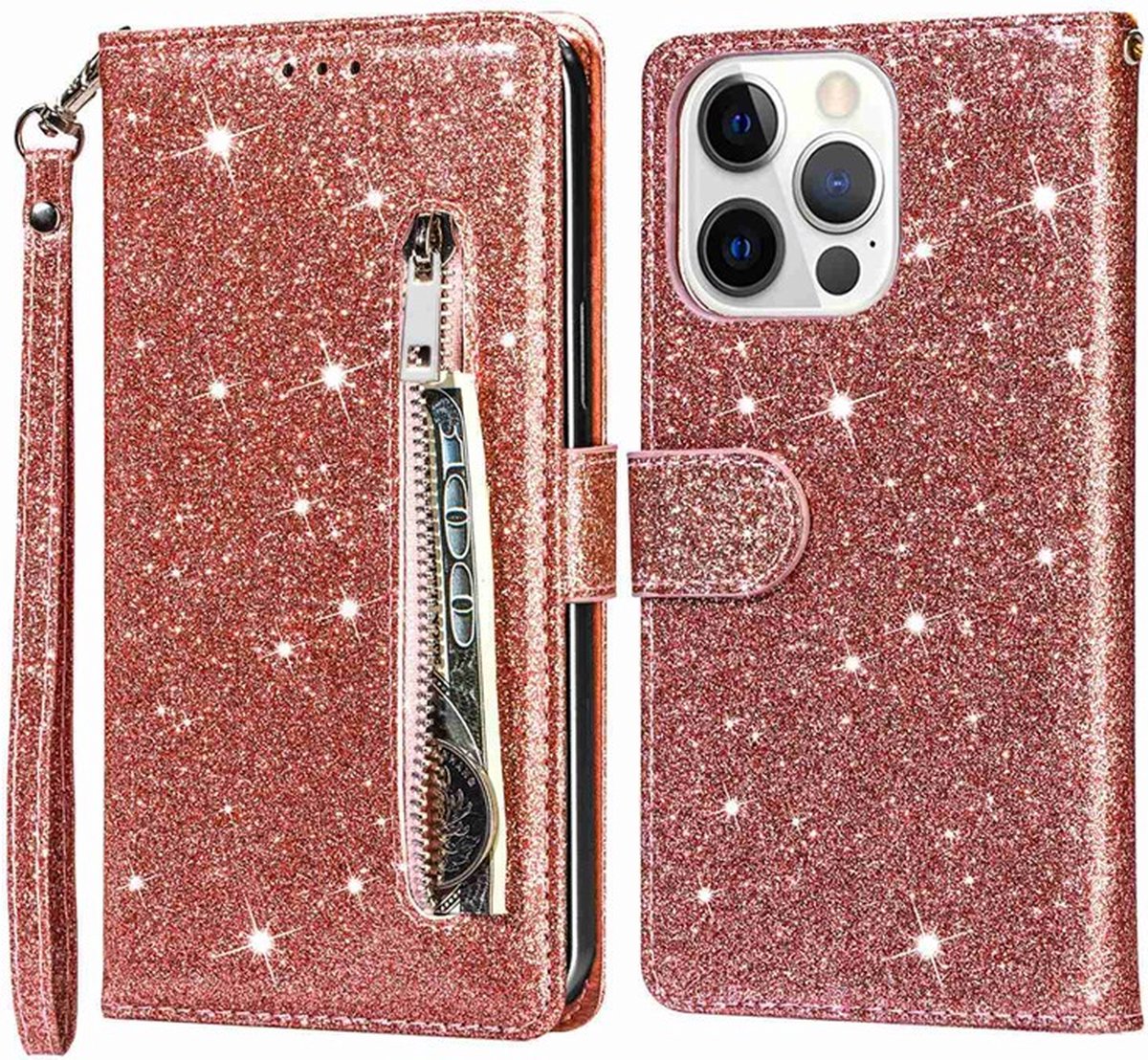Portemonnee Hoesje - Wallet Case - Rits Sparkly Glitter - Telefoonhoes met Kord Geschikt voor: Apple iPhone 13 Pro - Rosegoud