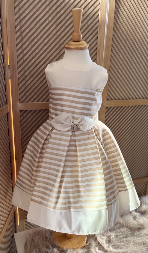 luxe feestjurk -vintage jurk met broche-bruiloft-foto-verjaardag-communie-streepjes-creme beige goud kleur-katoen- 10 jaar maat 140