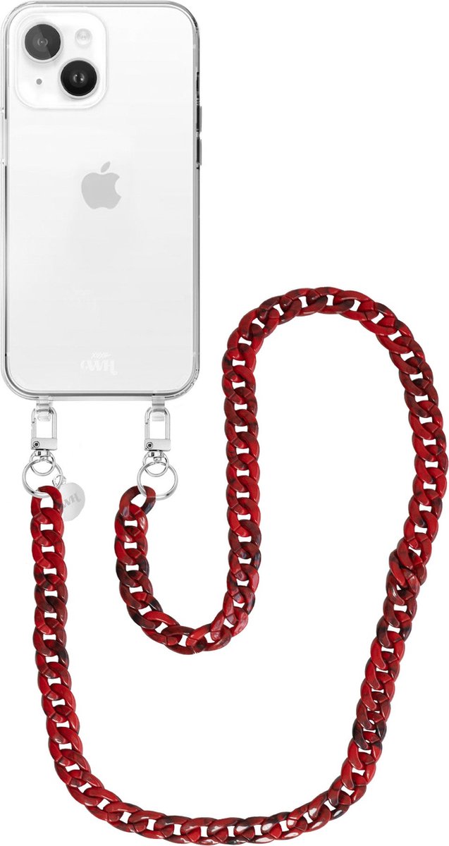 xoxo Wildhearts siliconen hoesje - Geschikt voor iPhone 15 Plus - Red Roses - Telefoonhoesje - Hoesje met koord - Rood koord - lang telefoonkoord - Transparant hoesje (lange variant)
