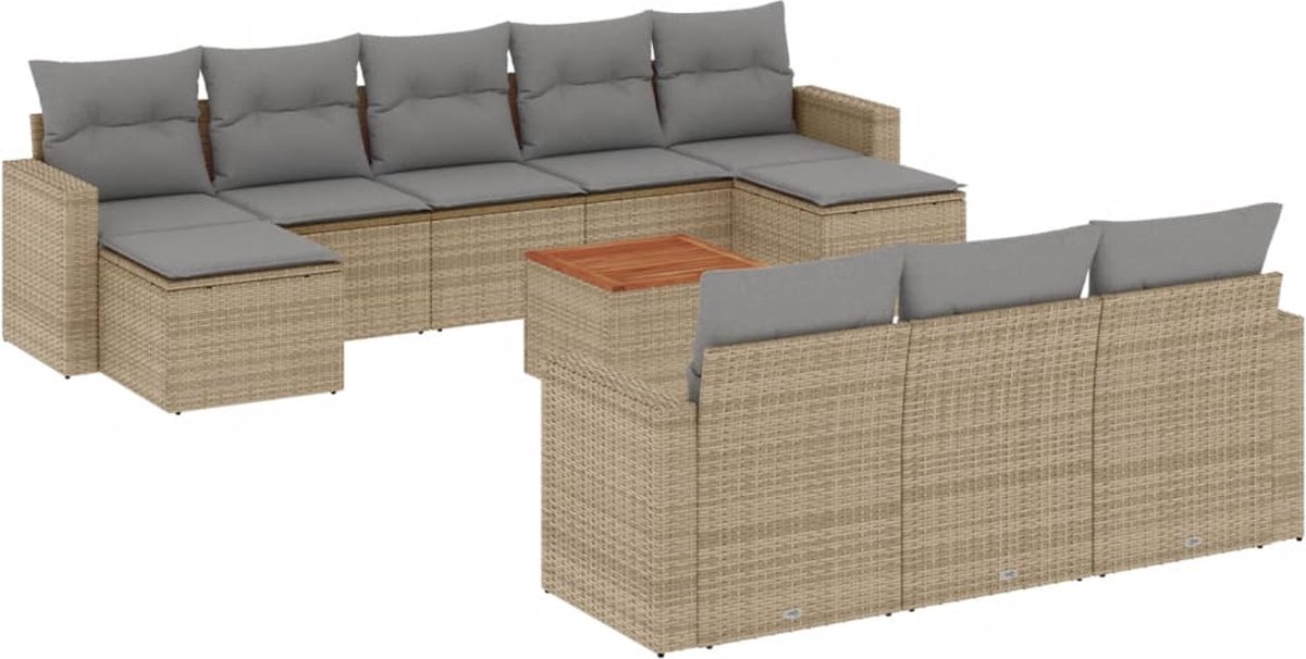 vidaXL 11-delige - Tuinset - met - kussens - poly - rattan - beige
