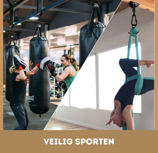 Collage: links een vrouw slaat op een bokszak, rechts een vrouw doet aan aerial yoga. Met tekst: Veilig sporten.
