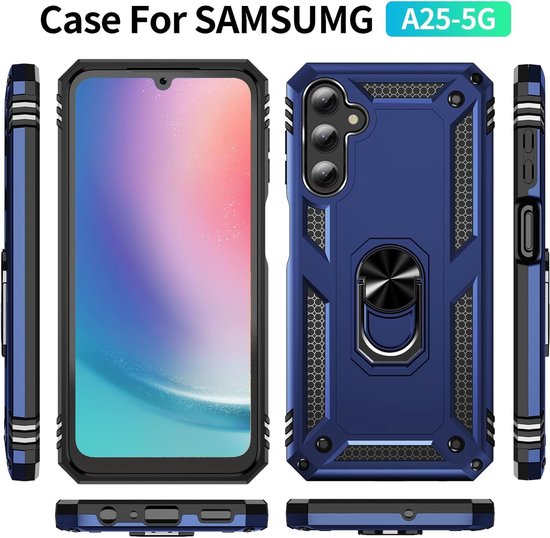 Blauw Samsung A25 5G hoesje met ring en verstevigde hoeken, inclusief schermweergave.