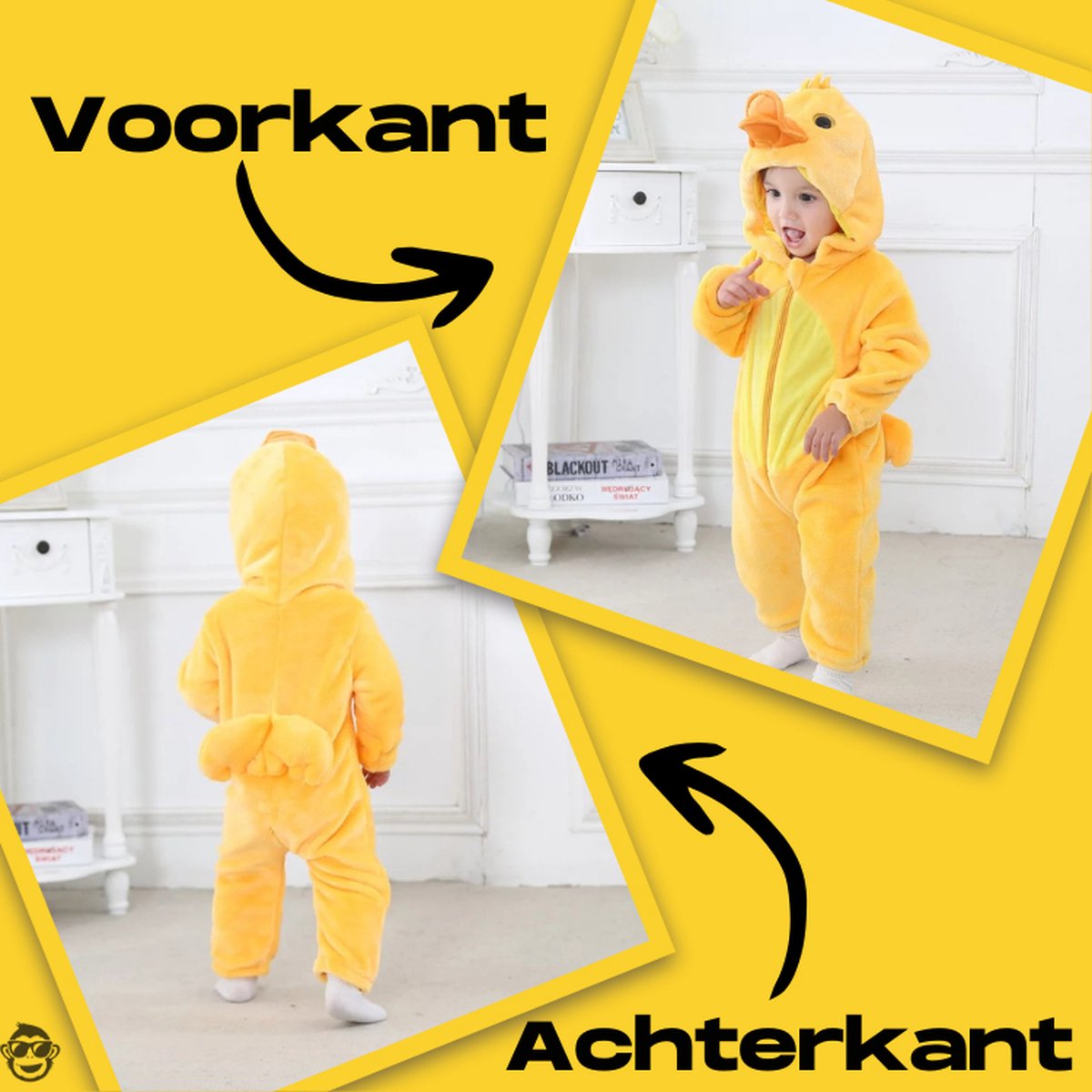 BoefieBoef Dieren Baby Onesie Peuter Pyjama Kinderen 6 maanden tot 2 jaar – Eend – Verkleedkleding met Luierrits – Carnaval Dierenpak - Kerst en Kraamcadeau Tip – Zacht Flanel - Romper - Boxpak - Jongens - Meisjes - Kruippak - Winterpak - Geel - Duck — afbeelding 3