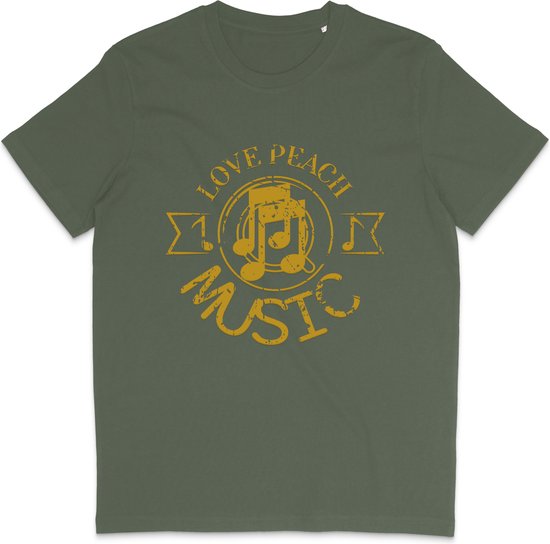Heren Dames T Shirt - Print en Tekst: Love Peace Music - Khaki Groen - 3XL