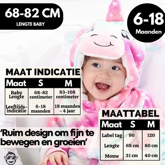 Maattabel voor baby onesie, maten S en M. Leeftijd indicatie 6-18 maanden.