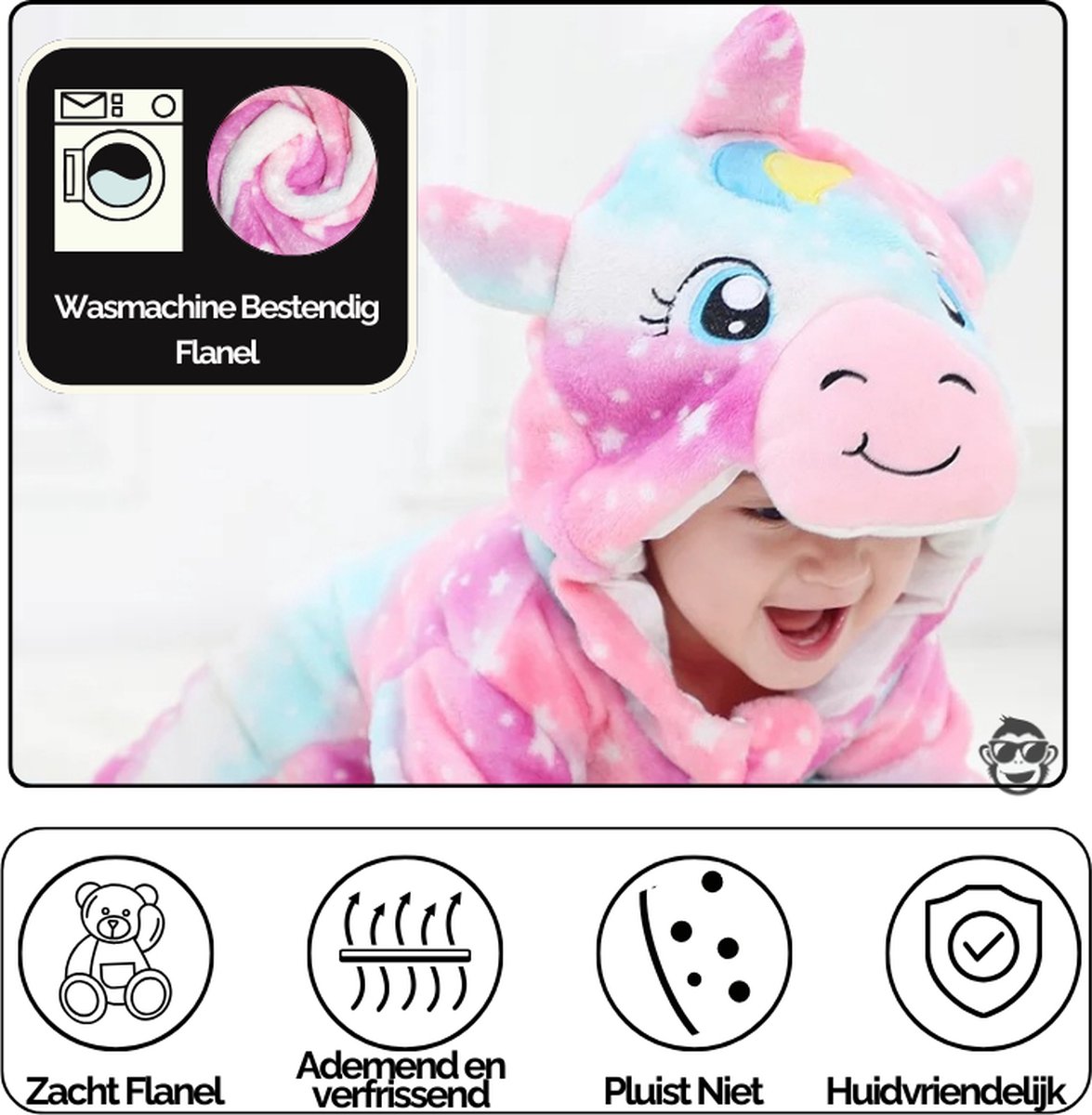 BoefieBoef Dieren Onesie Pyjama Kinderen 6m-2jr – Eenhoorn – Verkleedkleding met Luierrits – Carnaval Dierenpak - Kerst en Kraamcadeau Tip – Zacht Flanel - Romper - Boxpak - Jongens - Meisjes — afbeelding 8