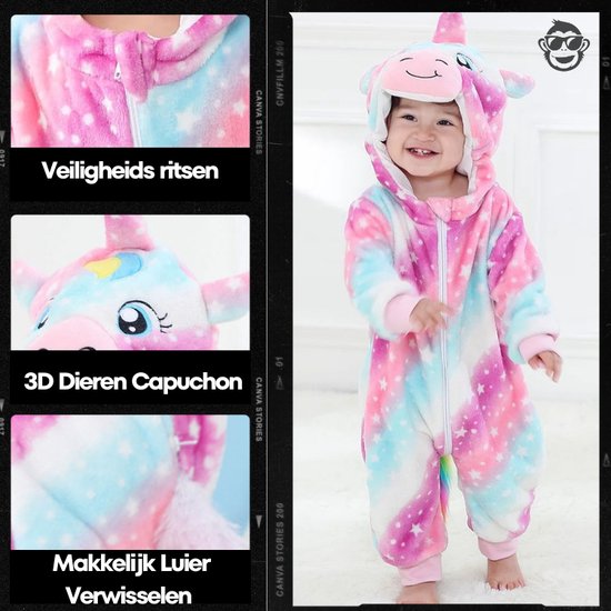 Een kind in een roze, blauwe en paarse eenhoorn onesie met sterrenprint. Details: 3D capuchon, ritssluiting.