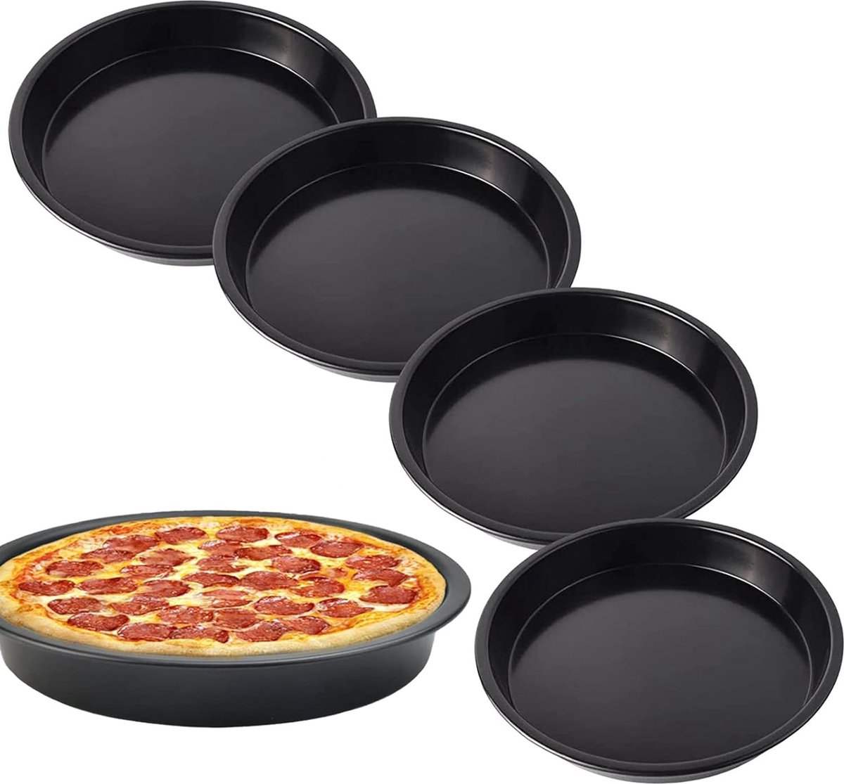 Set van 4 pizzaplaten, pizzaborden, bakvorm, 18 cm rond, quiche bakvorm, pizzabakplaat van gecoat koolstofstaal, antiaanbaklaag Pizzabakplaten set voor pizza, taart