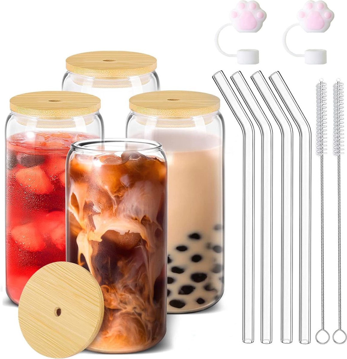 Image of 4 stuks glazen met deksel en rietje, ijsbekers, glazen bekers met deksel voor Iced Coffee, bier, smoothies en cocktails