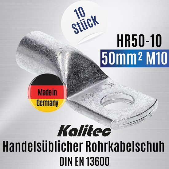 10 cosses de câble tubulaires standard Kalitec HR50-10 50 mm² M10 I sans trou de visualisation I Fabriqué en Allemagne