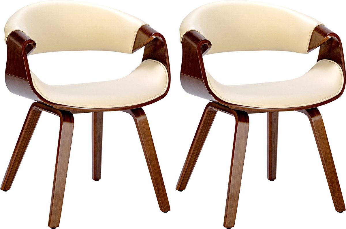 CLP Foley Set van 2 eetkamerstoelen - Met armleuning - Houten frame - walnoot/creme Kunstleer
