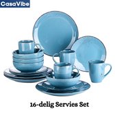 CasaVibe Service de Vaisselle - 16 pièces - 4 personnes - Céramique - Luxe - Service d'assiettes - Tasses - Bols - Blauw Navia