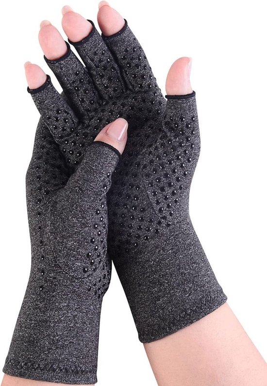 Reuma anti slip handschoenen - Anti slip - Artrose handschoenen - Compressie handschoenen - Handschoenen zonder toppen - Reuma - Anti slip - Grijs - L