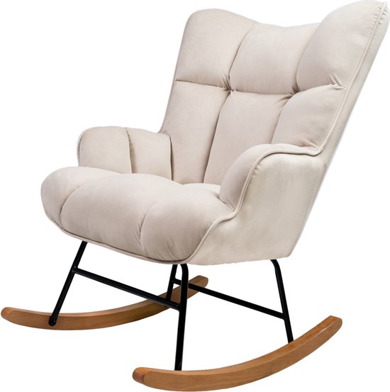 Foto: Mebel6 schommelstoel pads fauteuil velvet stof beige houten poten