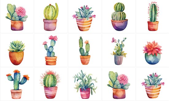 Ulticool Decoratie Sticker Tegels - Cactus Plant in Pot - 15x15 cm - 15 stuks Plakfolie Tegelstickers Muurstickers - Plaktegels Zelfklevend - Sticktiles - Badkamer - Keuken