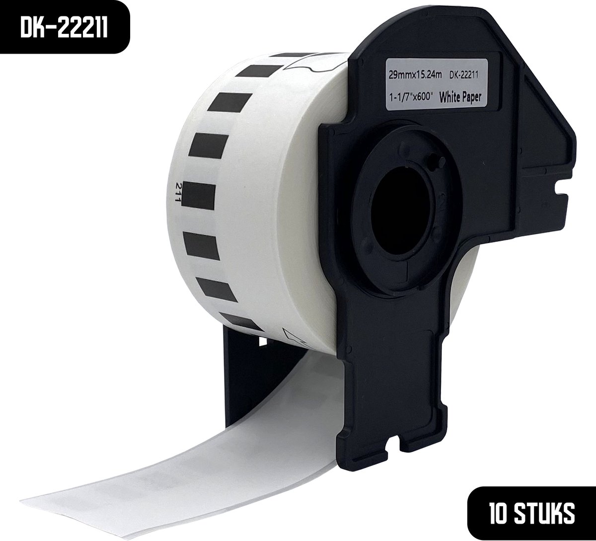 DULA Brother Compatible DK-22211 - Doorlopende labelrol - 10 rollen - 29 mm x 15,24 m - Zwart op wit - Filmtape