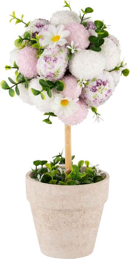 Dekoratief | Paasboompje in bloempot, groen/wit/roze, PVC, 13x13x30cm | A240570