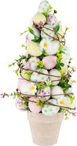 Dekoratief | Kegel vormboom op voet m/eieren, groen/wit/roze, PVC, 15x15x39cm | A240569