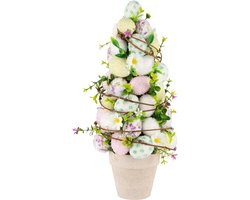 Dekoratief | Kegel vormboom op voet m/eieren, groen/wit/roze, PVC, 15x15x39cm | A240569