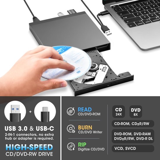 NÖRDIC K595 Externe DVD Speler - Draagbaar - Brander en -speler - USB-hub - SD/TD-kaartlezer - NÖRDIC