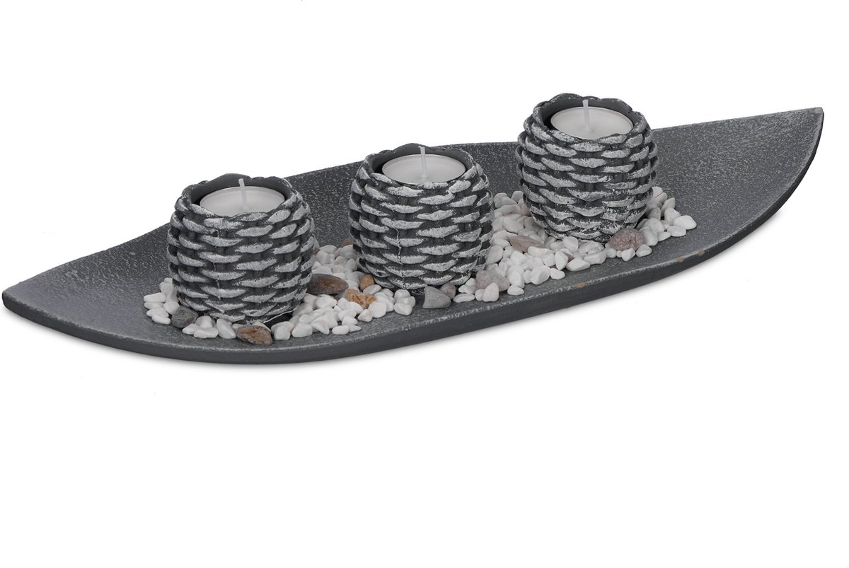 Relaxdays theelichthouders met langwerpig plateau - 3 waxinelichthouders - decoratieve stenen - tafeldecoratie grijs