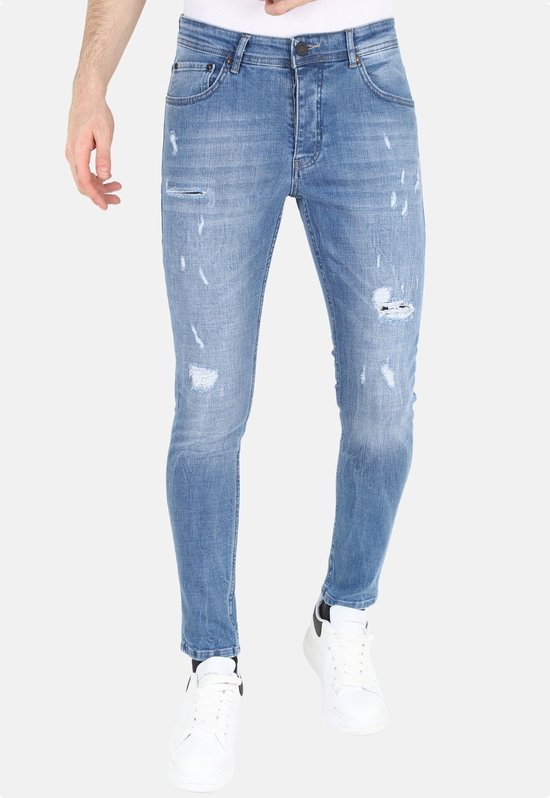 Heren Slim-fit Spijkerbroek Stonewash met Gaten -MM114- Blauw